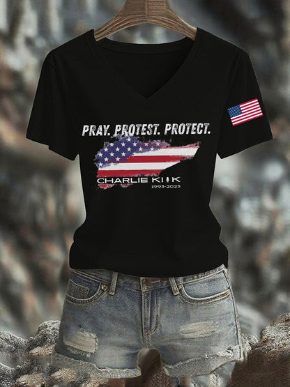 Women's Pray Protest Protect Charlie Kirk Printed T-shirt