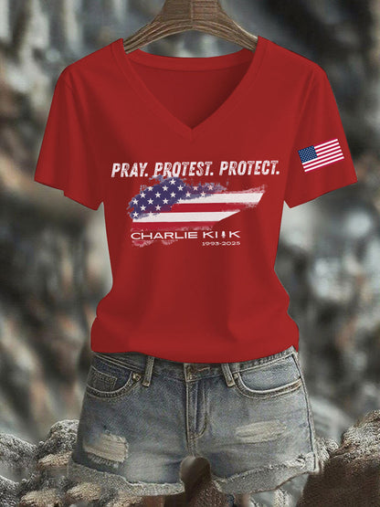 Women's Pray Protest Protect Charlie Kirk Printed T-shirt