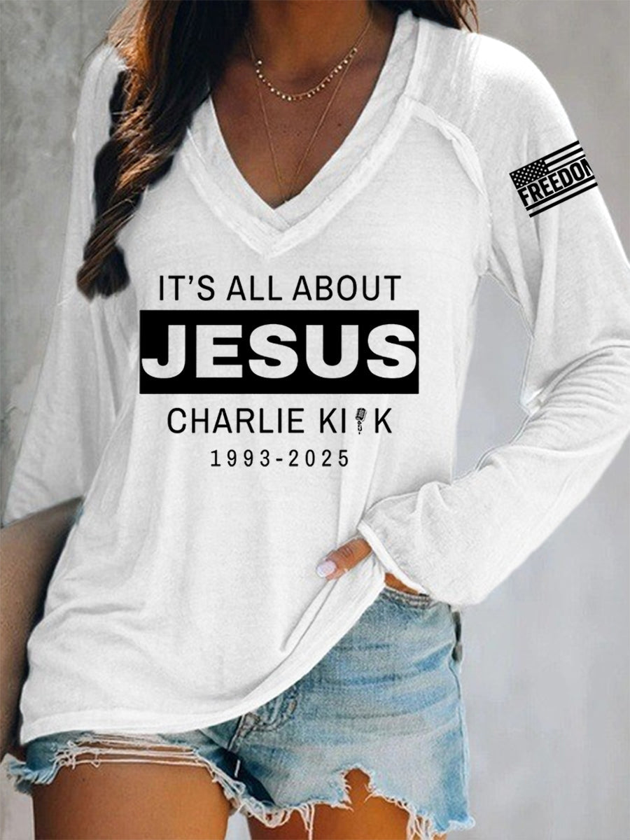 Women's It's All About Jesus R.I.P Charlie Kirk Long-Sleeve T-Shirt