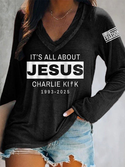 Women's It's All About Jesus R.I.P Charlie Kirk Long-Sleeve T-Shirt