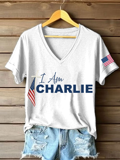 Women's I Am Charlie Print V-Neck T-Shirt