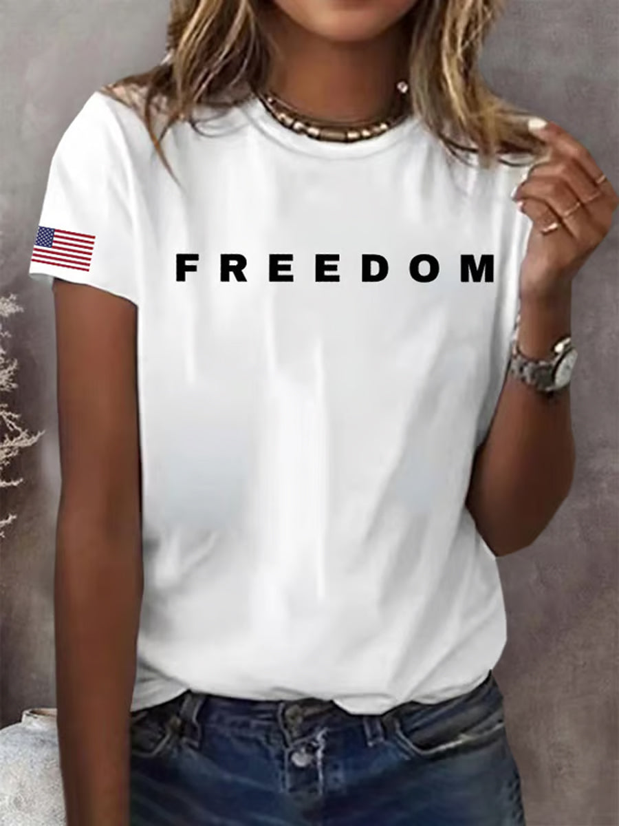 Women's Freedom American Flag Printed Commemorative T-shirt