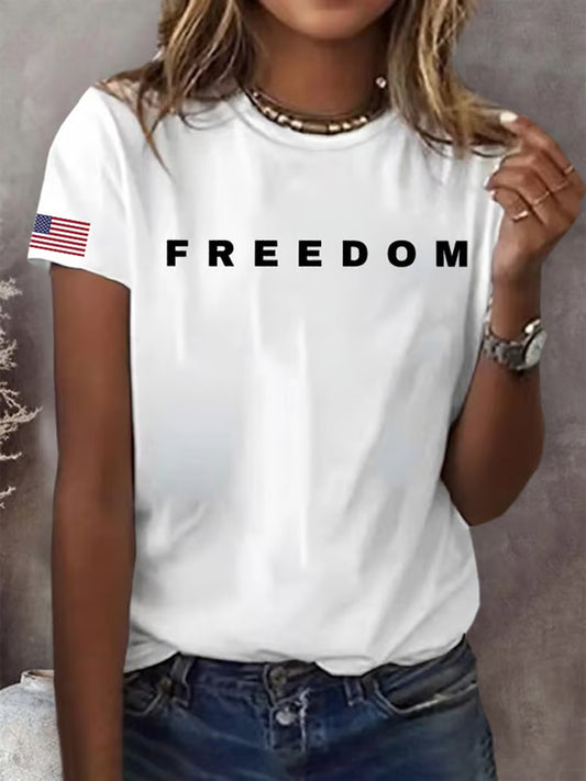 Women's Freedom American Flag Printed Commemorative T-shirt