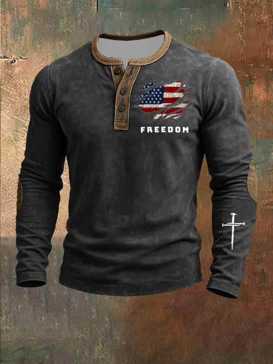 Men's Freedom American Flag Print Casual Henley
