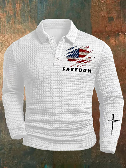 Men's Freedom American Flag Print Casual Waffle Polo Shirt