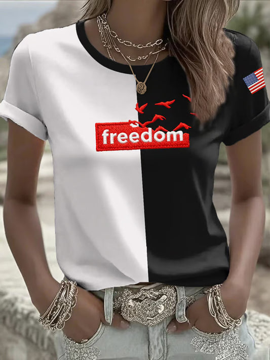 Women's Freedom American Flag Printed Commemorative T-shirt