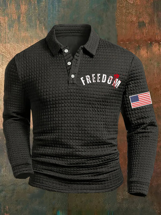 Men's Freedom American Flag Print Casual Waffle Polo Shirt