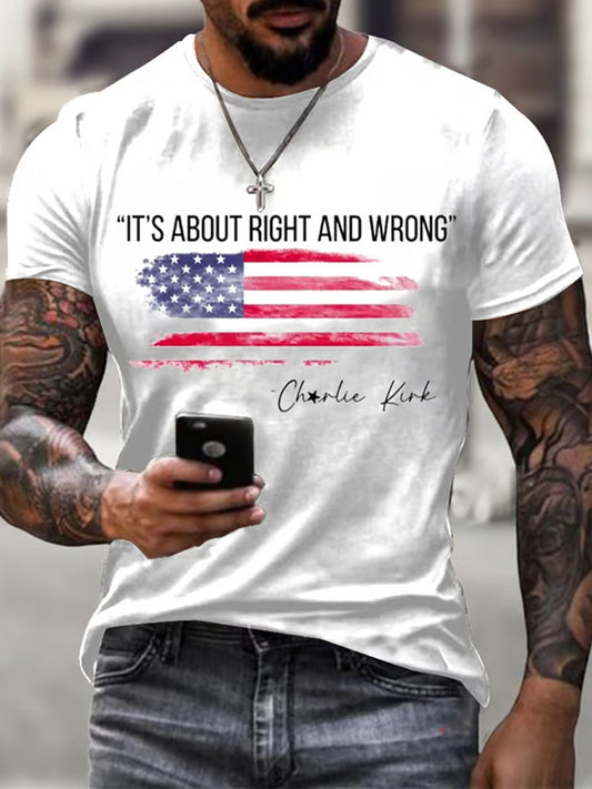 Men's Vintage Charlie Kirk American Flag Print Commemorative T-Shirt