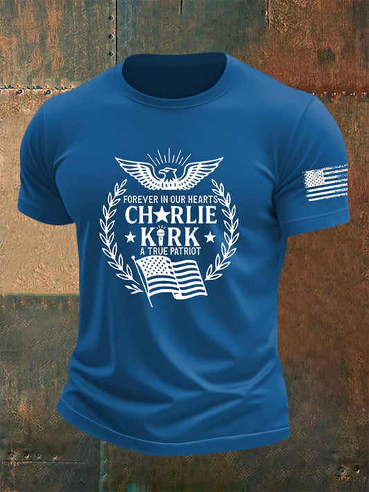 Men's Vintage Charlie Kirk American Flag Print Commemorative T-Shirt