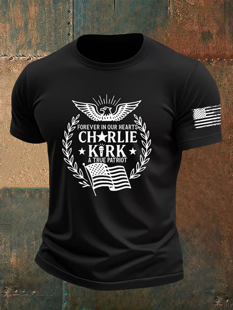Men's Vintage Charlie Kirk American Flag Print Commemorative T-Shirt