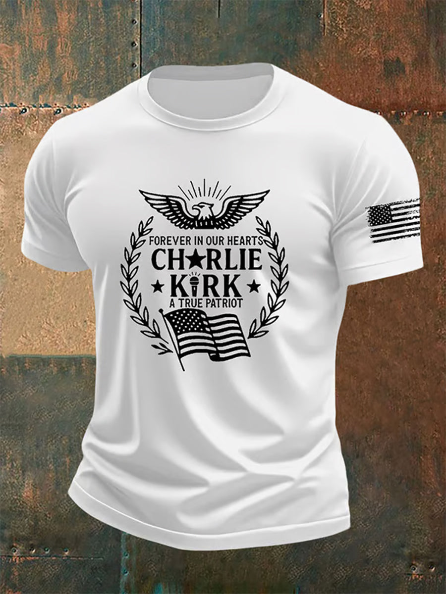 Men's Vintage Charlie Kirk American Flag Print Commemorative T-Shirt