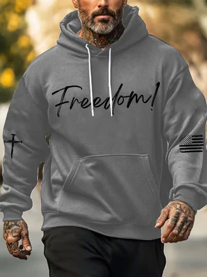 Men's Freedom Printed Oversized Drop-Shoulder Hoodie with Pockets