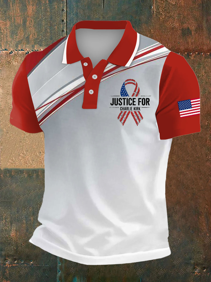 Men's Charlie Kirk Freedom Print Polo Collar Casual Short Sleeved Shirt