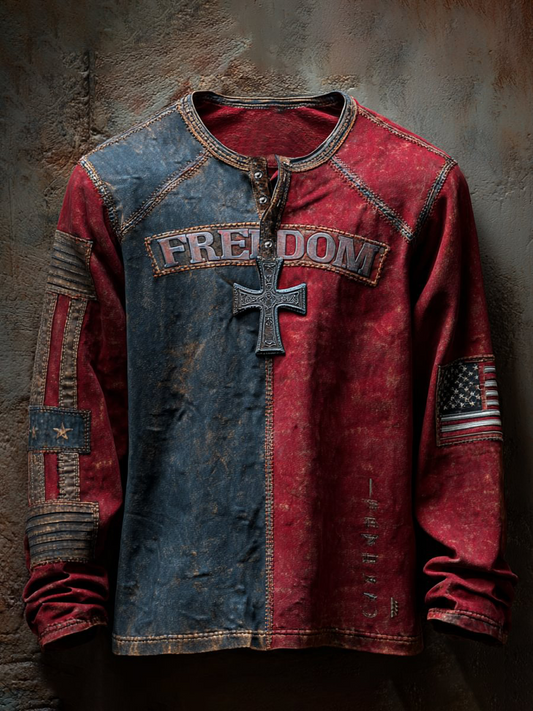 Men's Freedom Print Casual Button T-Shirt