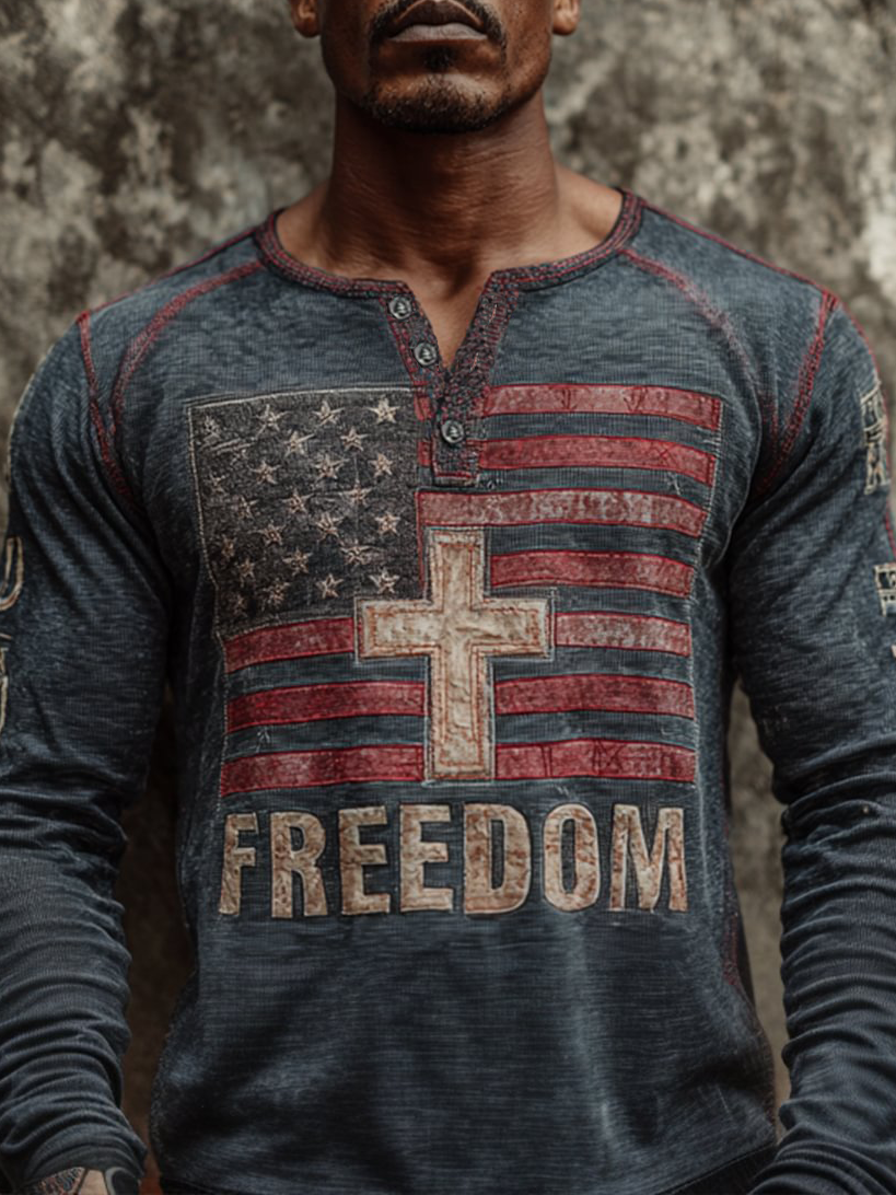 Men's Freedom Print Casual Button T-Shirt