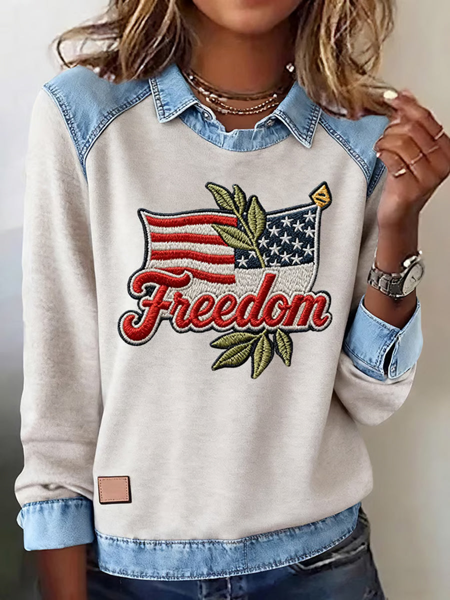 Women's "Freedom Isn't Free" American flag print casual long-sleeved top