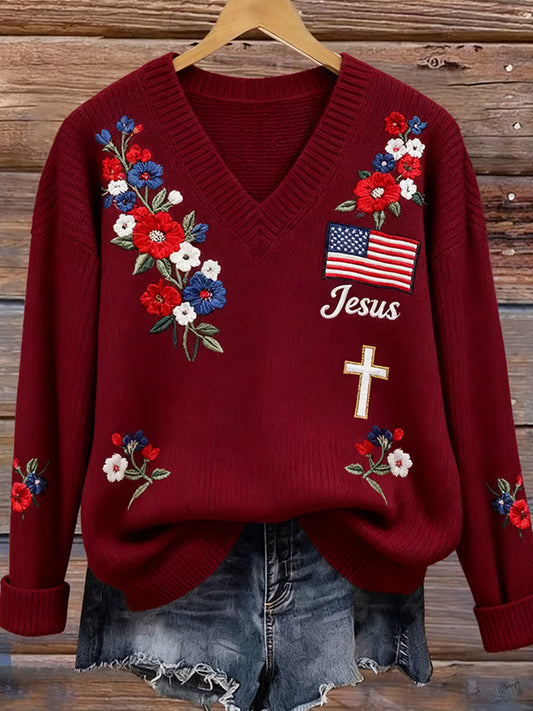 Women's Vintage Faith Print Casual Sweater