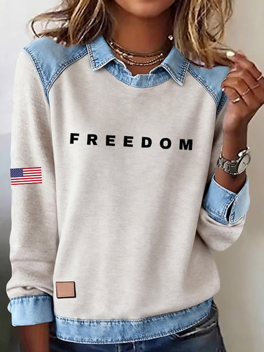 Women's "Freedom Isn't Free" American flag print casual long-sleeved top