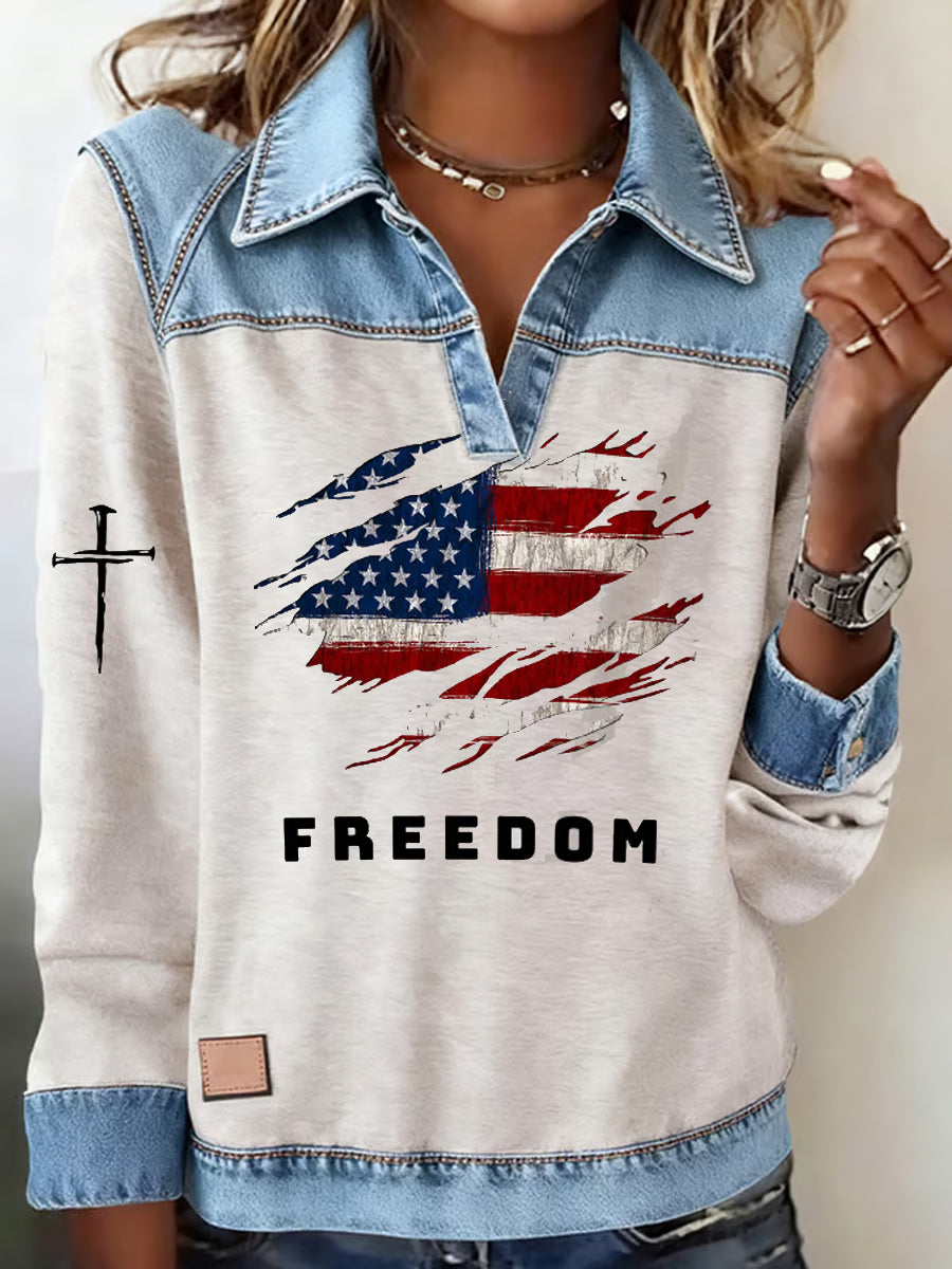 Women's "Freedom Isn't Free" American flag print casual long-sleeved top