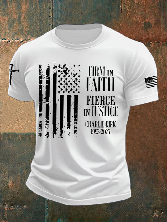 Men's Firm in Faith Fierce in Justice Shirt Political Gift Charlie Kirk 1993–2025 imitation cotton short-sleeved T-shirt
