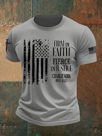 Men's Firm in Faith Fierce in Justice Shirt Political Gift Charlie Kirk 1993–2025 imitation cotton short-sleeved T-shirt
