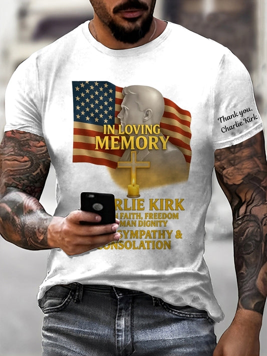 Men's In Memory Of Charlie Kirk  Printed Vintage Fashion Loose Short Sleeve T-Shirt