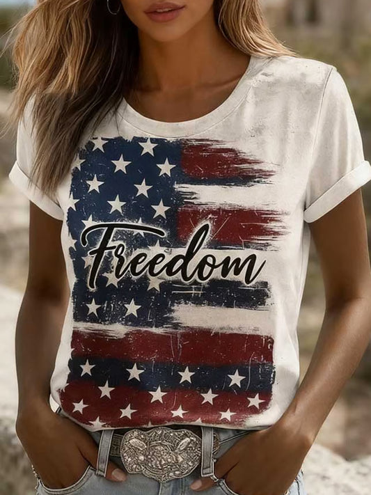 Women's Freedom American Flag Printed Commemorative T-shirt