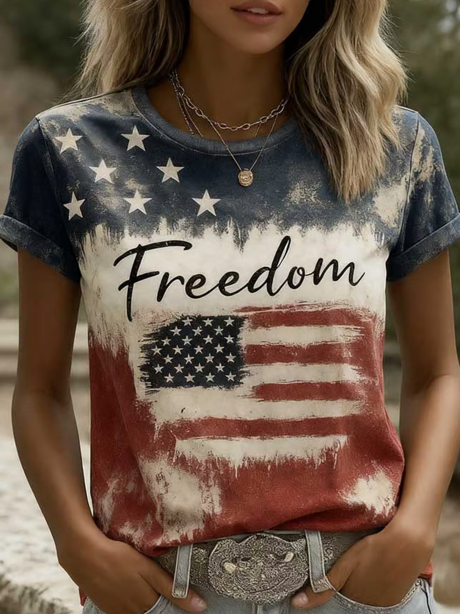 Women's Freedom American Flag Printed Commemorative T-shirt