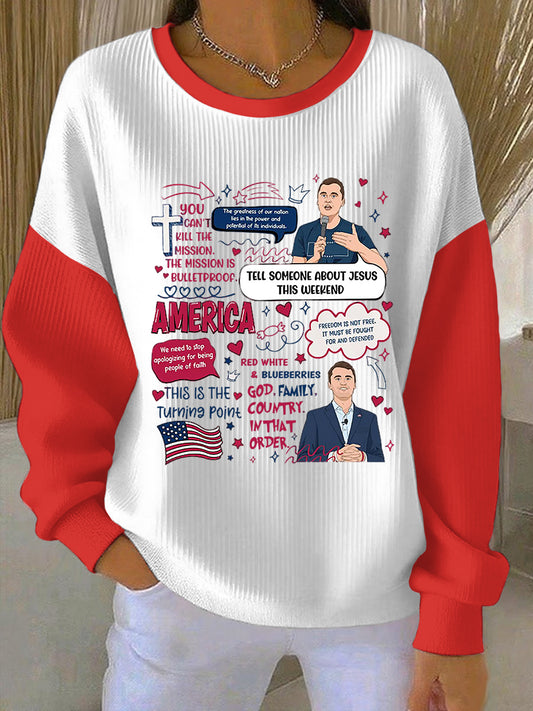 Women's Red, White and Blueberry Freedom Charlie Kirk Memorial Crew Neck Striped Sweatshirt