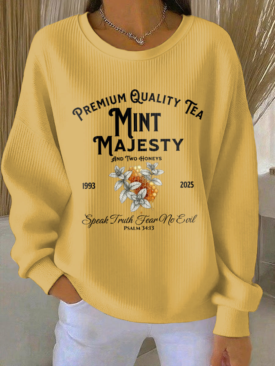 Women's Mint Tea With Two Honey Charlie Kirk Print Ribbed Round-Neck Sweatshirt