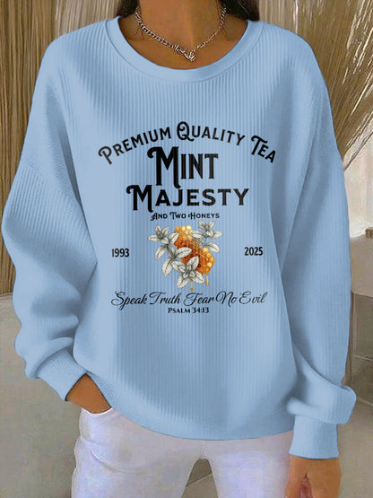 Women's Mint Tea With Two Honey Charlie Kirk Print Ribbed Round-Neck Sweatshirt