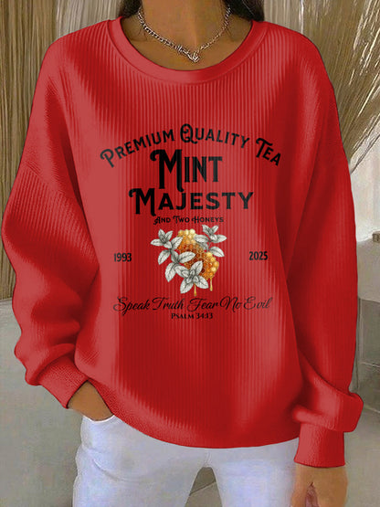 Women's Mint Tea With Two Honey Charlie Kirk Print Ribbed Round-Neck Sweatshirt