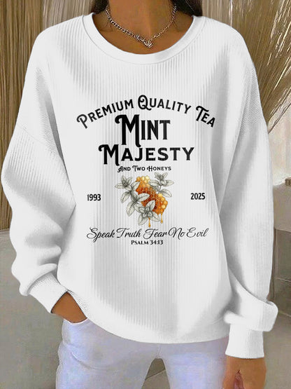 Women's Mint Tea With Two Honey Charlie Kirk Print Ribbed Round-Neck Sweatshirt