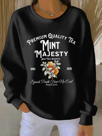 Women's Mint Tea With Two Honey Charlie Kirk Print Ribbed Round-Neck Sweatshirt