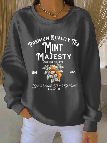 Women's Mint Tea With Two Honey Charlie Kirk Print Ribbed Round-Neck Sweatshirt