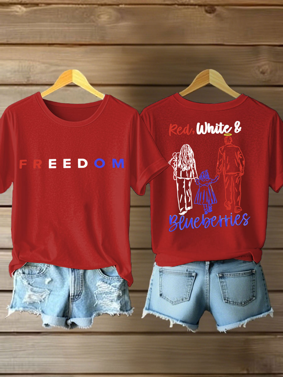 Women's Red White And Blueberries  Printed  Iron On Short Sleeve T-Shirt