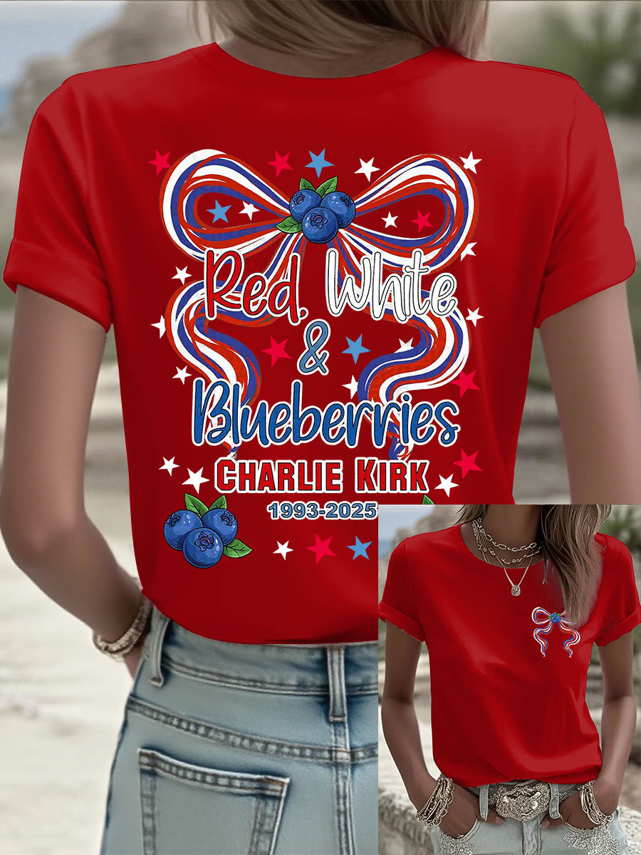 Women's Red White And Blueberries Print Casual T-shirt