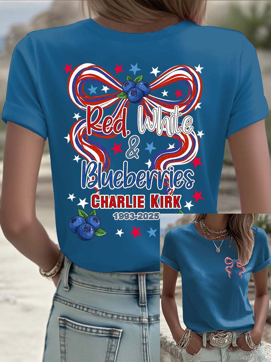 Women's Red White And Blueberries Print Casual T-shirt
