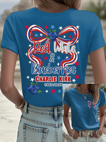 Women's Red White And Blueberries Print Casual T-shirt