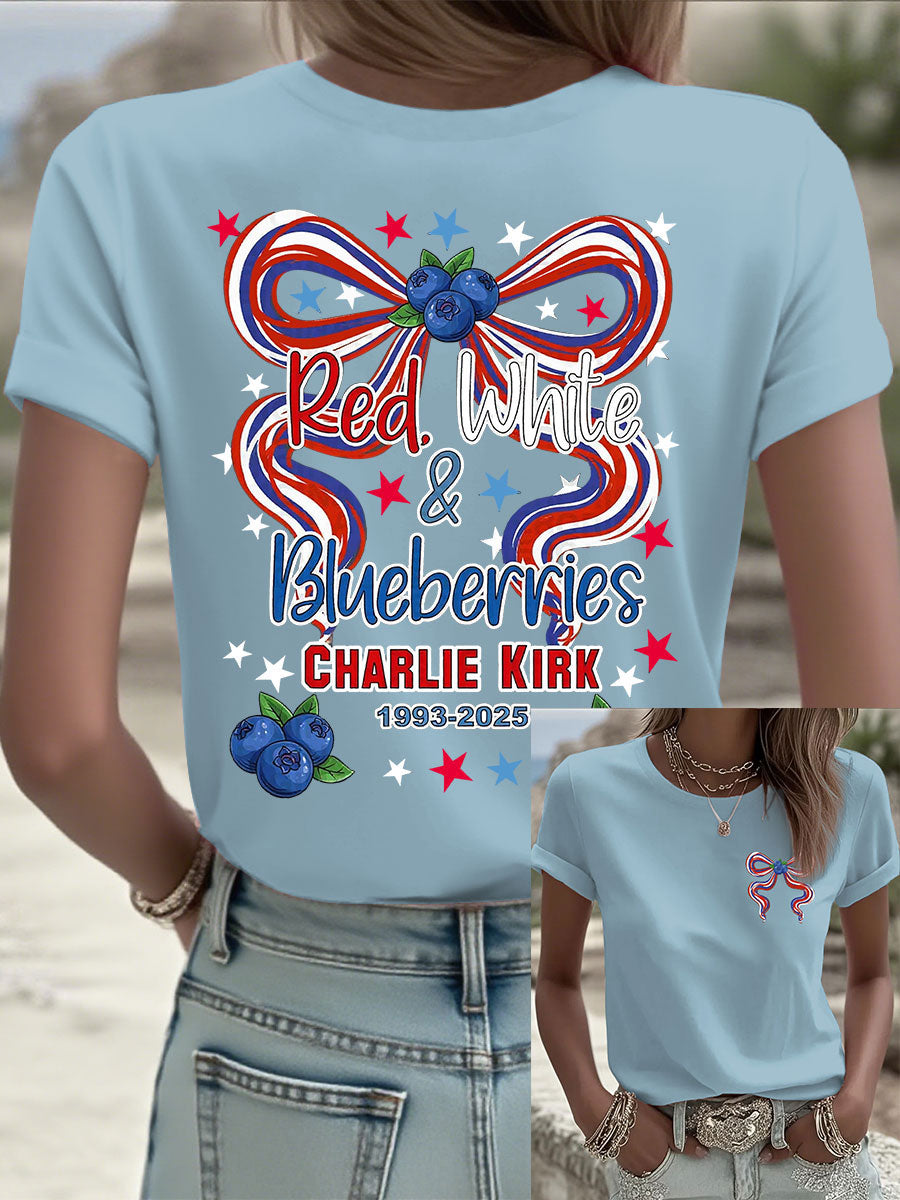 Women's Red White And Blueberries Print Casual T-shirt