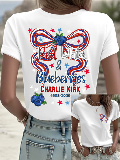 Women's Red White And Blueberries Print Casual T-shirt