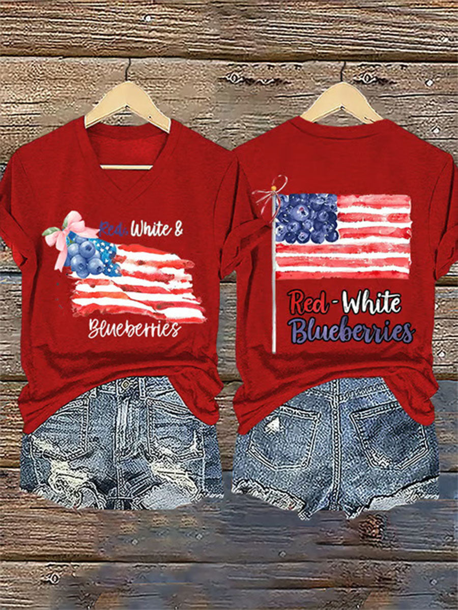 Women's Red White And Blueberries Print Casual T-shirt