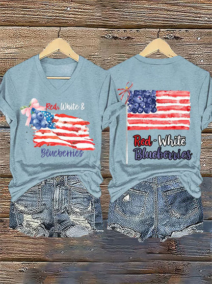 Women's Red White And Blueberries Print Casual T-shirt