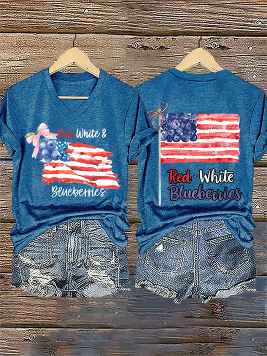 Women's Red White And Blueberries Print Casual T-shirt
