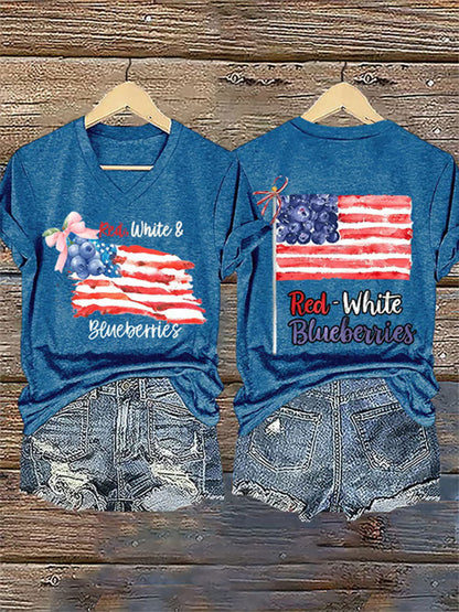 Women's Red White And Blueberries Print Casual T-shirt