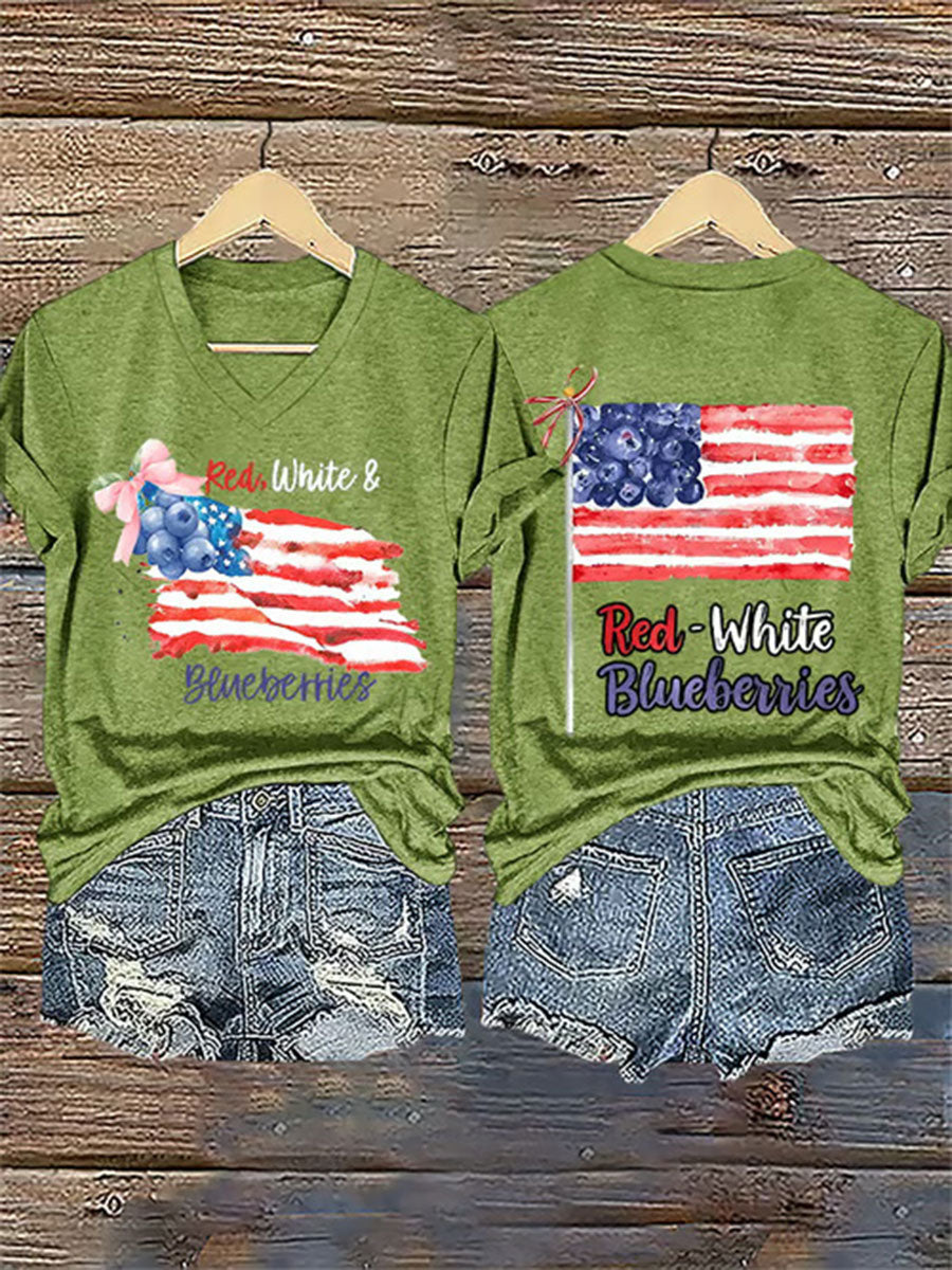 Women's Red White And Blueberries Print Casual T-shirt