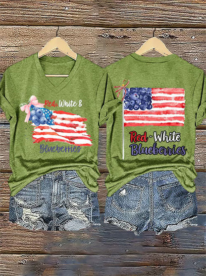 Women's Red White And Blueberries Print Casual T-shirt
