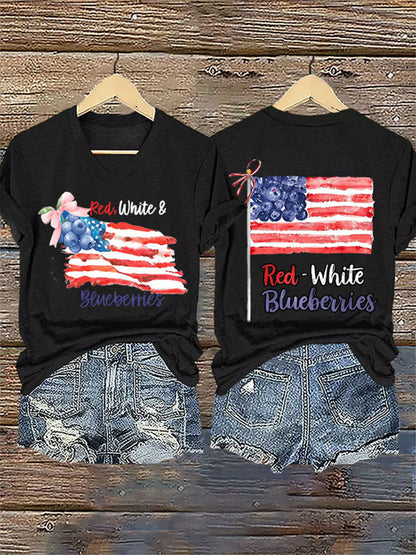 Women's Red White And Blueberries Print Casual T-shirt