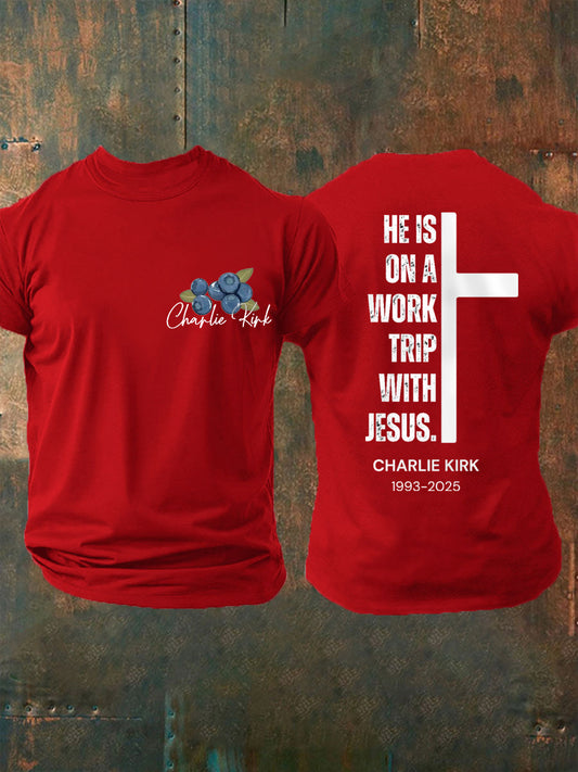 Men's He's On A Work Trip With Jesus Faith Based Inspired By Erika Kirk, Pray For Charlie Kirk Tee