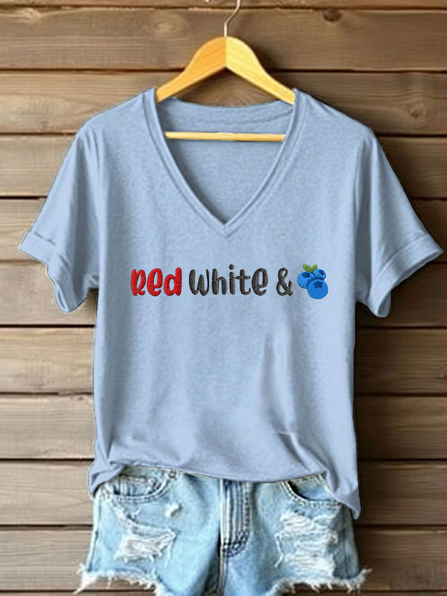 Women's Red White And Blueberries Print Casual T-shirt